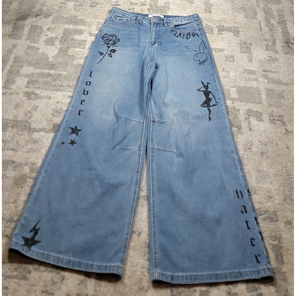 Playboy Women's Light Wash Wide Leg Lover Hater Rose Bunny Denim Size 13 32x31